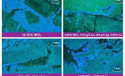 Fig 3 (UV core photos): coarse scheelite from APC-162, select sample grades up to 12.75% WO3 and one interval 4.84% WO3, 73.10 g/t Au, 298 g/t Ag, 4.09% Cu.