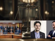 Members of Colombia’s Constitutional Court during a full-court session in 2025, right, and presidential candidates Abelardo de la Espriella and Iván Cepeda, left.
