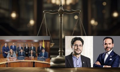 Members of Colombia’s Constitutional Court during a full-court session in 2025, right, and presidential candidates Abelardo de la Espriella and Iván Cepeda, left.