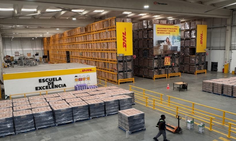 A modern DHL warehouse. In the foreground, a worker walks across the floor pulling a pallet jack near stacks of shrink-wrapped boxes. Tall orange shelving units filled with goods line the background, with yellow DHL banners and a prominent “ESCUELA DE EXCELENCIA” wall on the left. The space is clean, brightly lit by skylights, and appears highly organized.