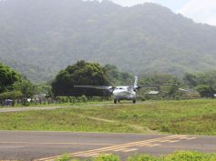 A Searca turboprop lands at the Capurganá, Colombia airport.
