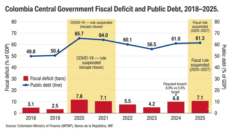 Colombia’s central-government fiscal deficit (bars) and public debt (line) as a share of GDP, 2018–2025. Sources: Colombian Ministry of Finance, Banco de la República, IMF.