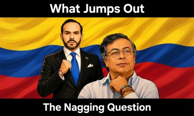 A cartoon image of Abelardo and Petro with a Colombian flag as the background.