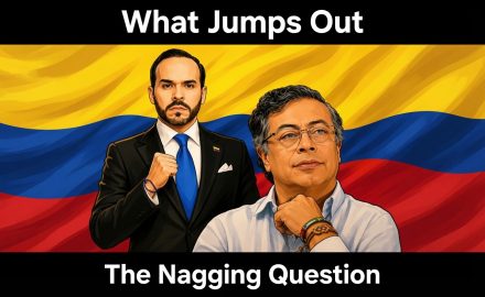 A cartoon image of Abelardo and Petro with a Colombian flag as the background.