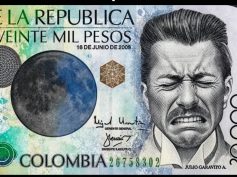 Meme-style image featuring a Colombian 20,000 peso banknote with the text 