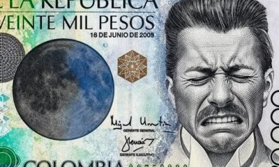 Meme-style image featuring a Colombian 20,000 peso banknote with the text