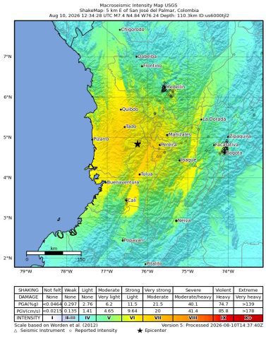 Estimated shaking intensity for the August 10, 2026, earthquake near San José del Palmar, Chocó. Image: US Geological Survey (USGS) ShakeMap, event us6000tjl2. Credit: USGS.