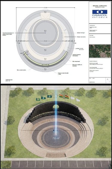 Architectural site plan and aerial rendering of a circular memorial plaza with flags
