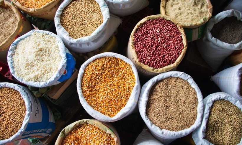 Open sacks of corn, red beans, rice and other grains viewed from above at a market