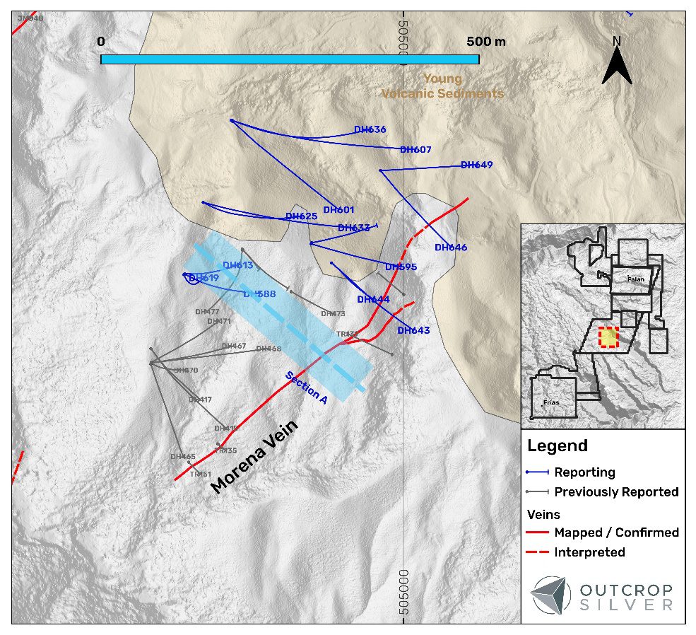 Plan-view map of the Morena vein showing drill hole collar locations along the mapped and interpreted vein trace.