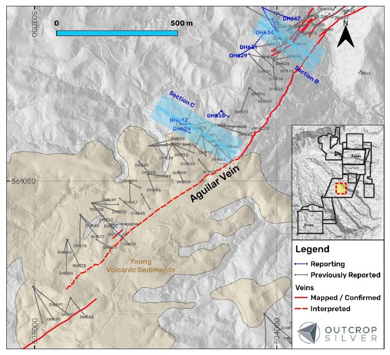 Plan-view map of the Aguilar vein system showing drill hole collar locations along the mapped vein trace.