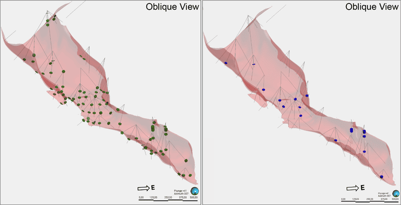 An oblique 3D model of the Berlin mineralized domain marks historical and resampled drill intervals.