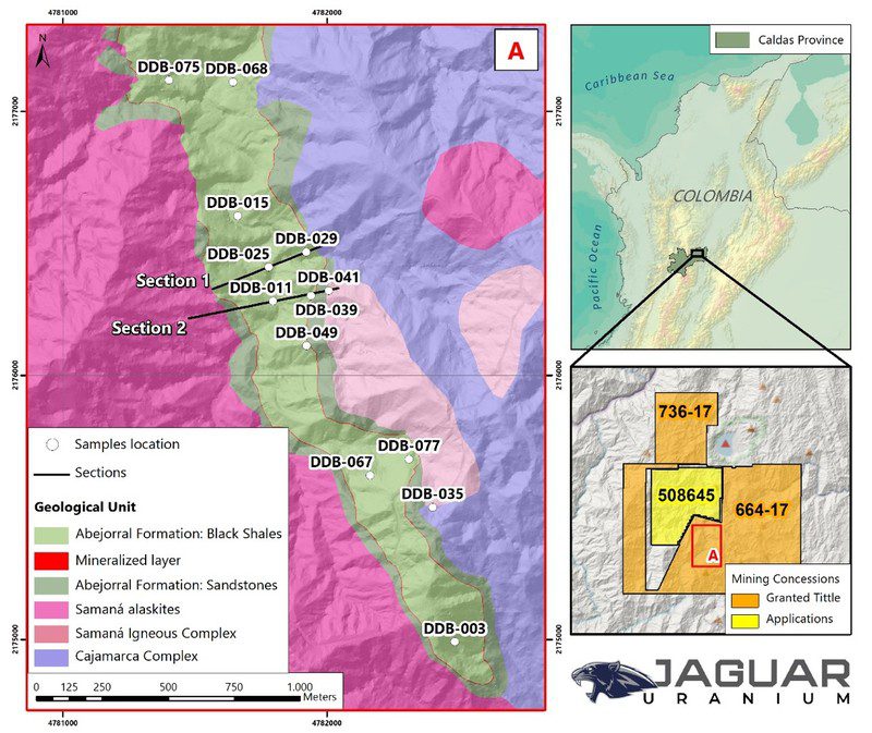 A geological map shows the resampled drill hole locations and cross-section lines at the Berlin project.