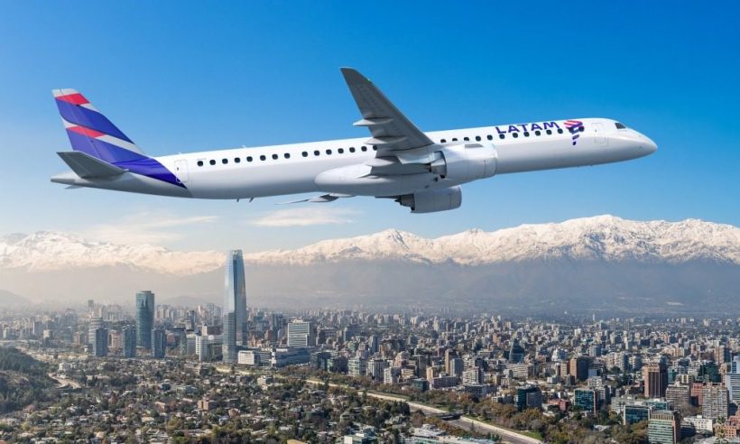 Rendering of an Embraer E195-E2 jet in LATAM livery flying over Santiago with the Andes behind