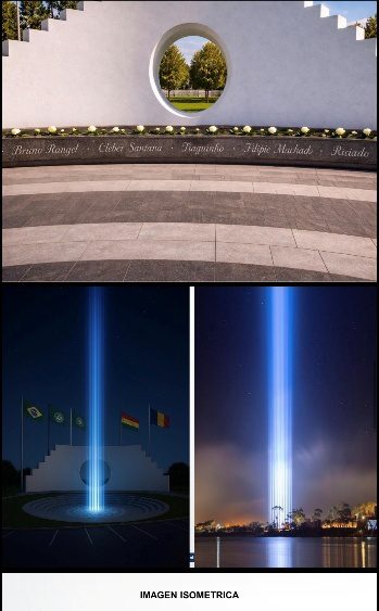 Renderings of a white memorial wall with victims' names and a vertical beam of light at night