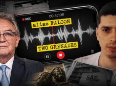 Illustration of a phone recording alias Falcon during the DNI meeting, alongside Sociedad de Activos Especiales documents
