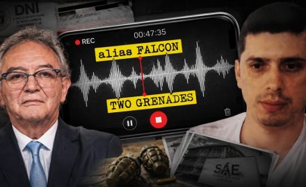Illustration of a phone recording alias Falcon during the DNI meeting, alongside Sociedad de Activos Especiales documents