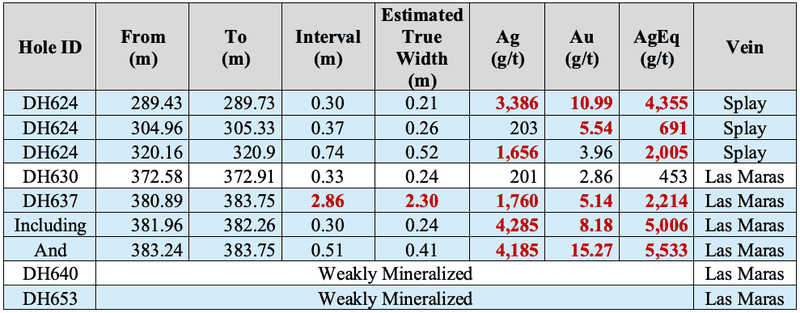 Table of Las Maras drill hole assay results