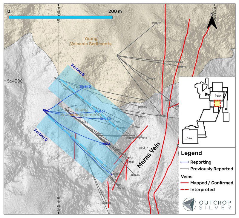 Plan view of the Las Maras target showing drill holes