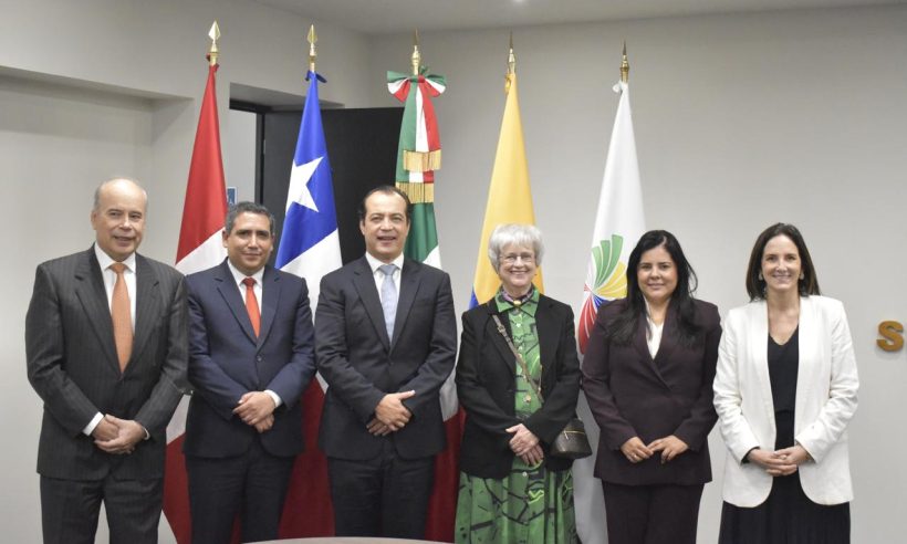 Six delegates stand together in front of the flags of Peru, Chile, Mexico, Colombia and the Pacific Alliance.