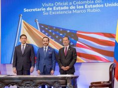 US Secretary of State Marco Rubio, Colombian President Abelardo De La Espriella, and Foreign Minister Omar Bula Escobar at the signing ceremony in Barranquilla, Colombia, September 8, 2026.