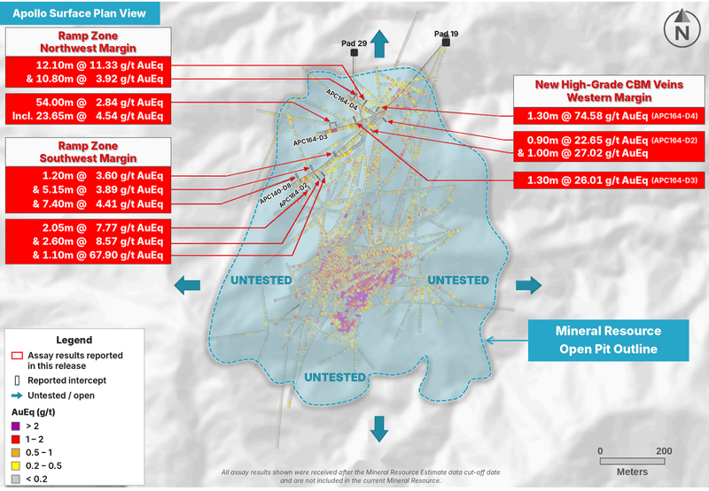 Surface plan view of the Apollo deposit showing the drill holes reported in this release along the Ramp Zone northwest and southwest margins.