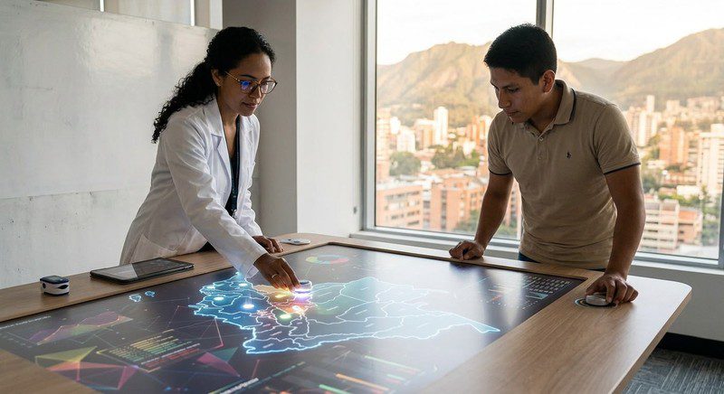 A researcher and a developer examine epidemiological and remote care data on an interactive table display showing a map of Colombia