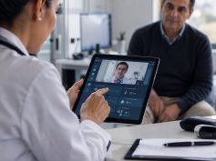 A physician reviews remote patient monitoring data on a tablet during a telemedicine consultation with a patient present in the office