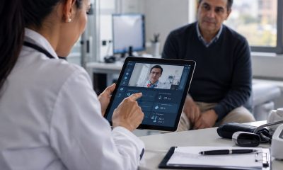 A physician reviews remote patient monitoring data on a tablet during a telemedicine consultation with a patient present in the office