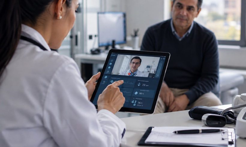 A physician reviews remote patient monitoring data on a tablet during a telemedicine consultation with a patient present in the office