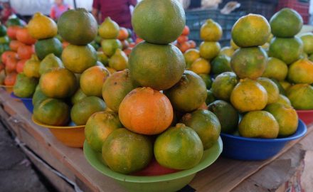 Pyramids of green and orange citrus fruit stacked in colorful plastic bowls at a market stall