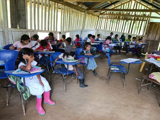 Rows of students at desk-chairs in a classroom with walls of spaced wooden slats