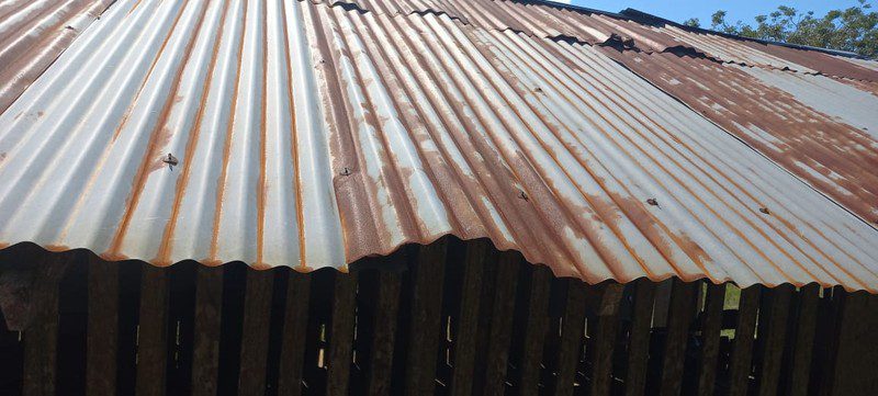 Close view of a rusted corrugated metal roof over wooden slat walls