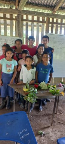 Students stand behind a table of fruit, vegetables and flowers in front of a whiteboard