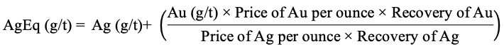 Silver equivalent formula using silver and gold grades, prices and recoveries.