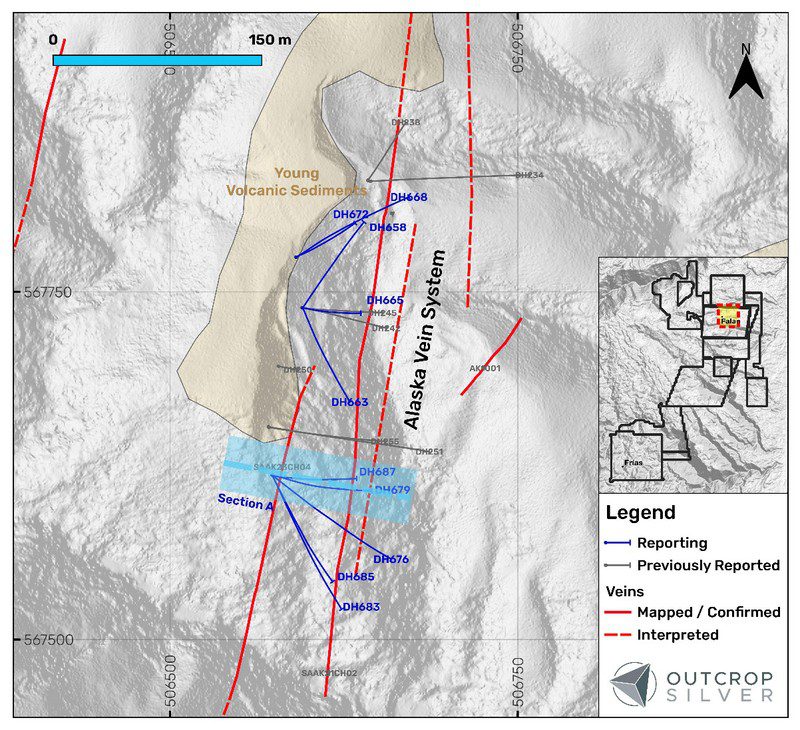 Map of the Alaska vein system with mapped and interpreted vein traces and drill hole traces.