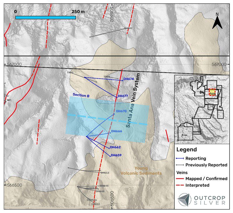 Map of the northern Santa Ana vein system with vein traces and drill hole traces.