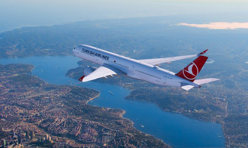 Turkish Airlines Airbus A350-900 in flight over the Bosporus Strait and Istanbul