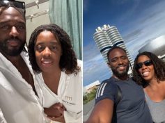 Two selfies of a couple: one shows them in white spa robes, the other in front of BMW's cylinder-shaped office tower.