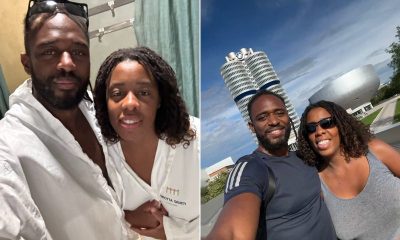 Two selfies of a couple: one shows them in white spa robes, the other in front of BMW's cylinder-shaped office tower.