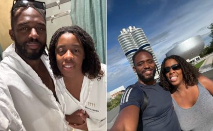 Two selfies of a couple: one shows them in white spa robes, the other in front of BMW's cylinder-shaped office tower.