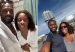 Two selfies of a couple: one shows them in white spa robes, the other in front of BMW's cylinder-shaped office tower.